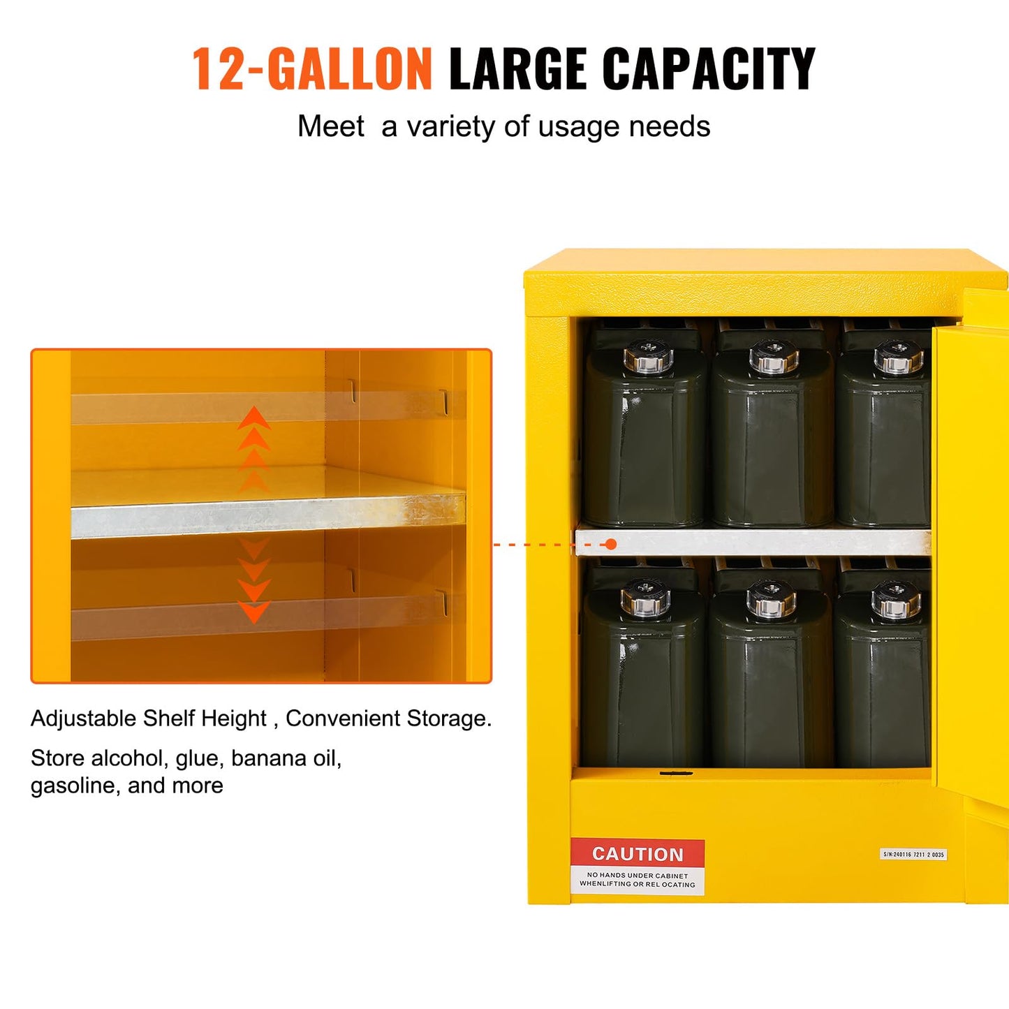 VEVOR Safety 12 Gal, Cold-Rolled Steel Flammable Liquid Storage Cabinet, 16.9 x 16.9 x 22 in Explosion Proof with 1 Adjustable Shelf 1 Door for Commercial Industrial Use, Yellow, SS-559