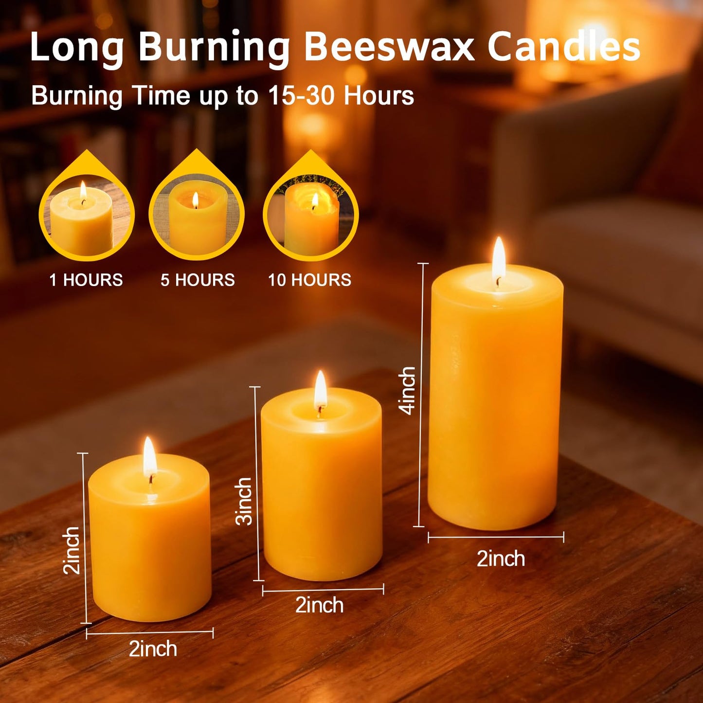 3 Pack Natural Beeswax Pillar Candles,Long Burning Unscented Pure Beeswax Candles Set,Smokeless Dripless Organic Pillar Candles Bulk for Home Decor,Prayer,Emergency,2x2in,2x3in,2x4in