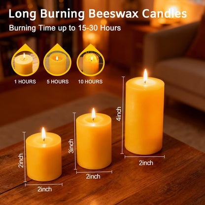 3 Pack Natural Beeswax Pillar Candles,Long Burning Unscented Pure Beeswax Candles Set,Smokeless Dripless Organic Pillar Candles Bulk for Home Decor,Prayer,Emergency,2x2in,2x3in,2x4in