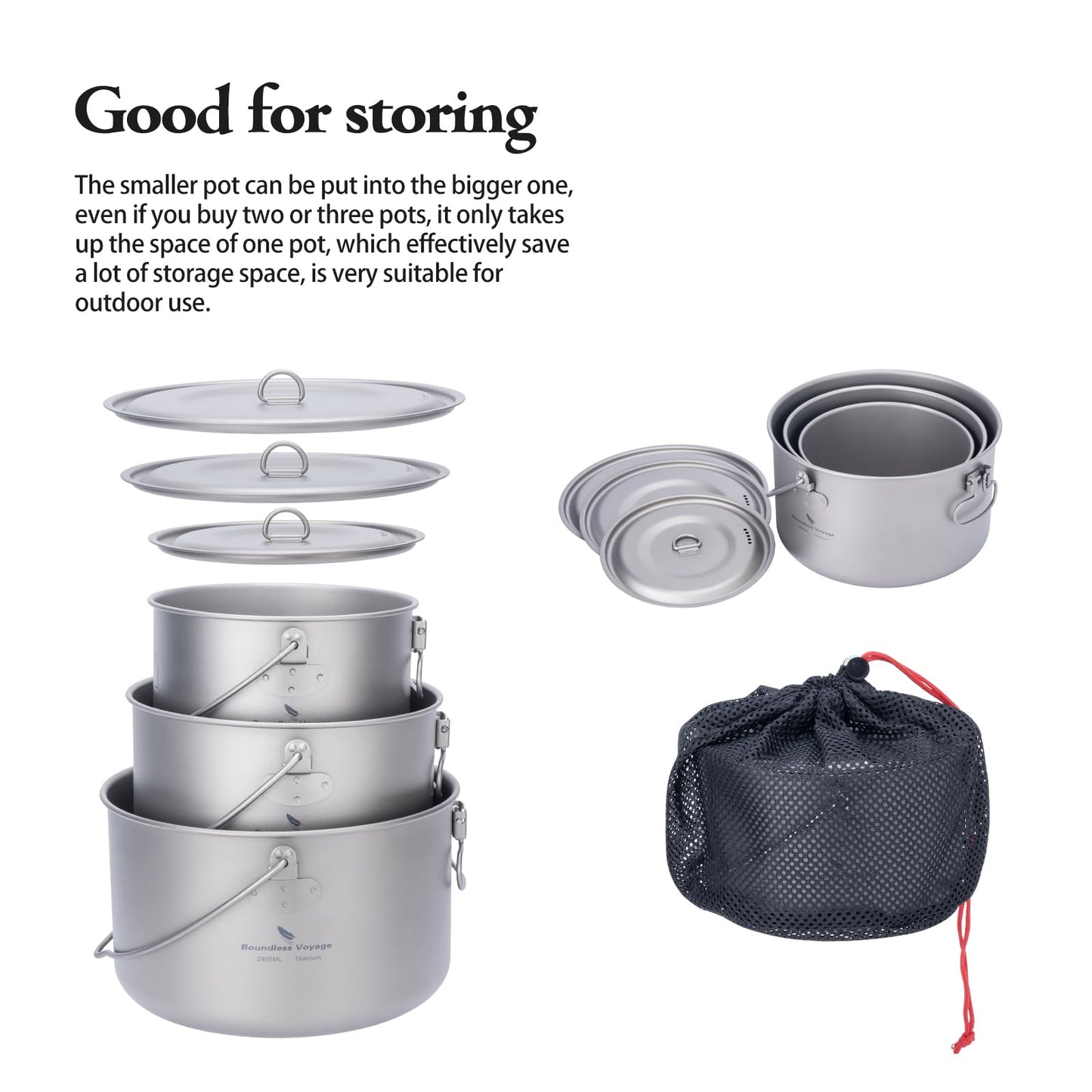 iBasingo 3-Piece Titanium Pot Set (1.3L+1.95L+2.9L) with Lids Ultralight Camping Cookware for Backpacking, Hiking & Outdoor Cooking, Nesting Backpacker Pots with Measurement Marks Ti2056C