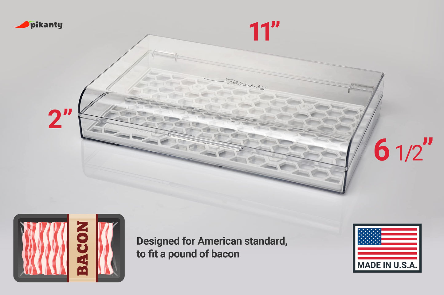 Pikanty Bacon Container for Refrigerator with Tongs & Drain Tray — Airtight Deli Meat Keeper, Cheese & Cold Cuts Storage, Dishwasher & Freezer Safe, Made in USA