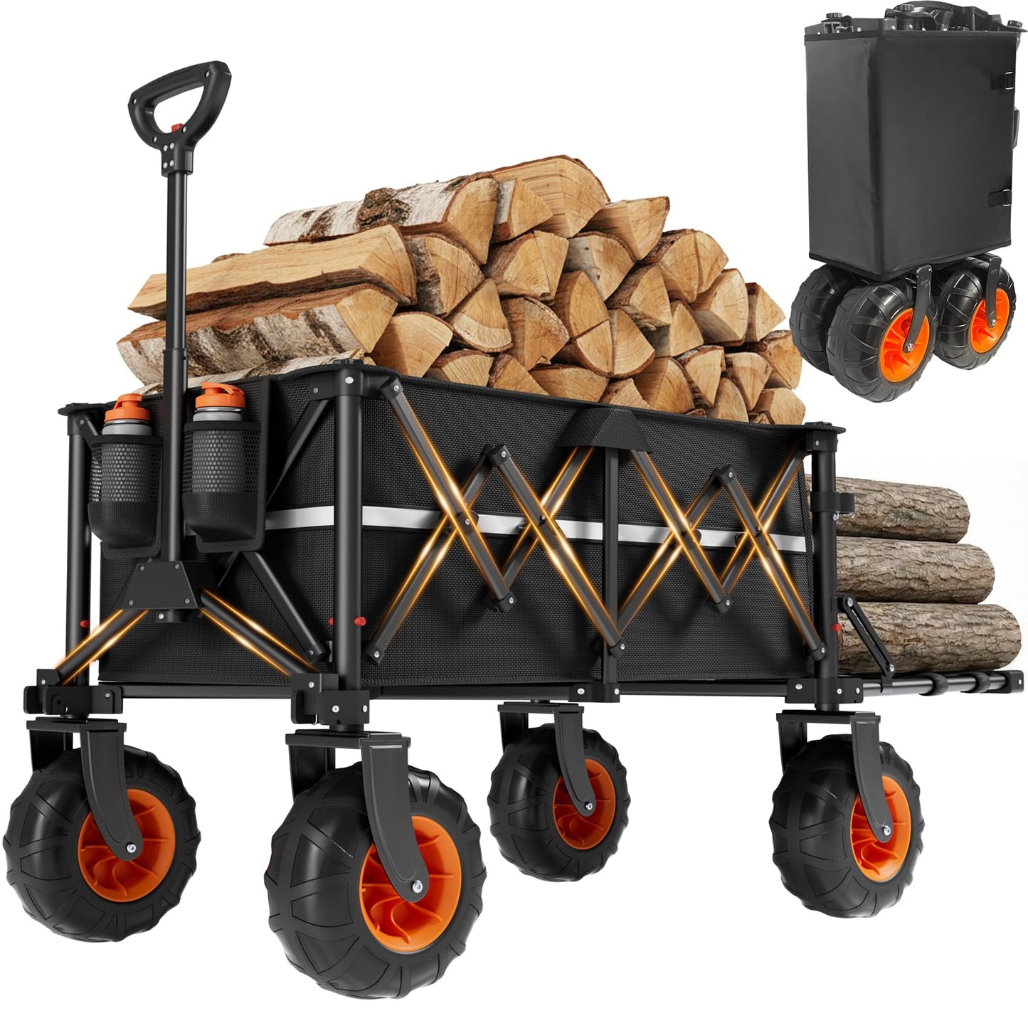 Collapsible Wagon Heavy Duty Foldable 200L Large Garden Utility Cart, 10" Big Wheels All Terrain, 800lbs Collapsible Wagons Carts with Extended Tailgate for Camping Beach