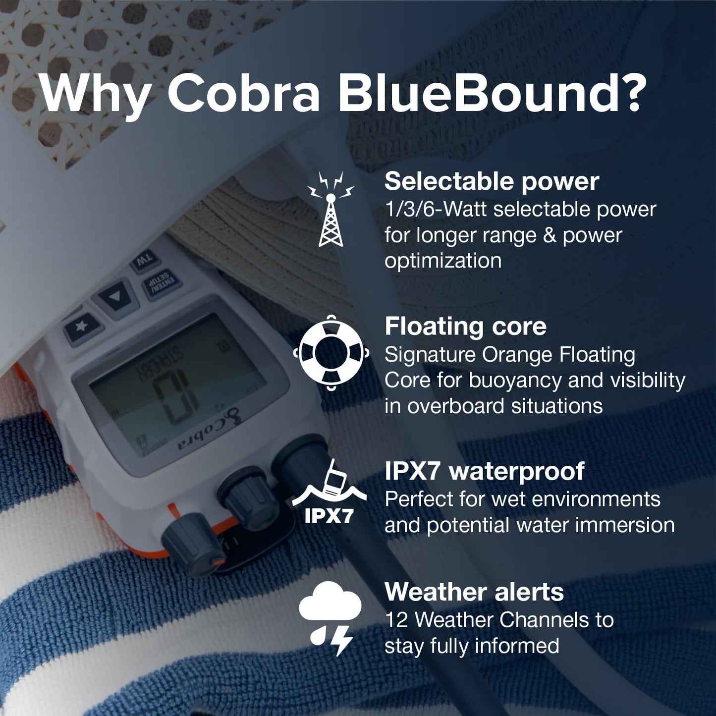 Cobra BlueBound 350 VHF Handheld Marine Radio - White – 6-Watt, Floating, Long Range, NOAA Weather Alerts, International Functionality, IPX7 Waterproof, USB-C, Submersible, LCD Screen, Belt Clip