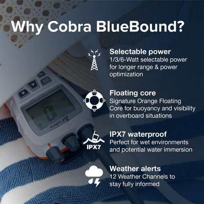 Cobra BlueBound 350 VHF Handheld Marine Radio - White – 6-Watt, Floating, Long Range, NOAA Weather Alerts, International Functionality, IPX7 Waterproof, USB-C, Submersible, LCD Screen, Belt Clip