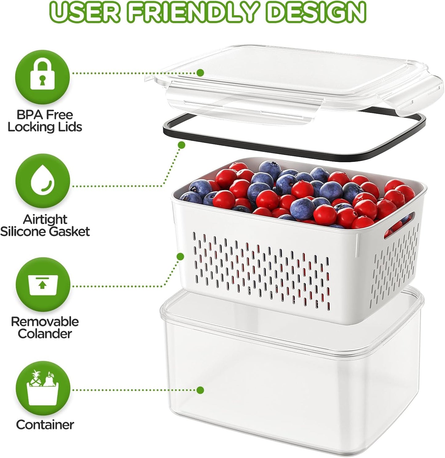 Skiennix 4 PCS Fruit Storage Containers - All-In-One Produce Wash Bowl with Removable Colander | Microwave & Dishwasher Safe