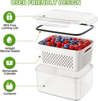 Skiennix 4 PCS Fruit Storage Containers - All-In-One Produce Wash Bowl with Removable Colander | Microwave & Dishwasher Safe