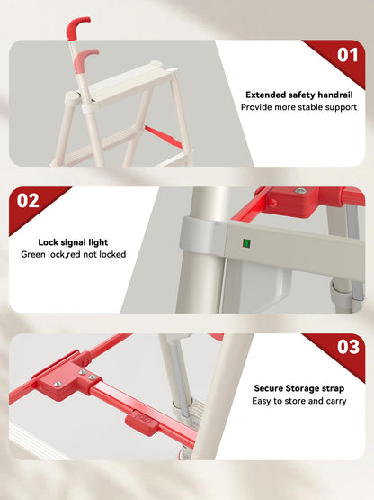 6-Step Folding Step Stool, 5.4 FT Compact Climbing Ladder with Secure Lock, Wide Non-Slip Steps & Anti-Skid Feet, Portable Carbon Steel Folding Ladder for Home, Garage, Warehouse,White