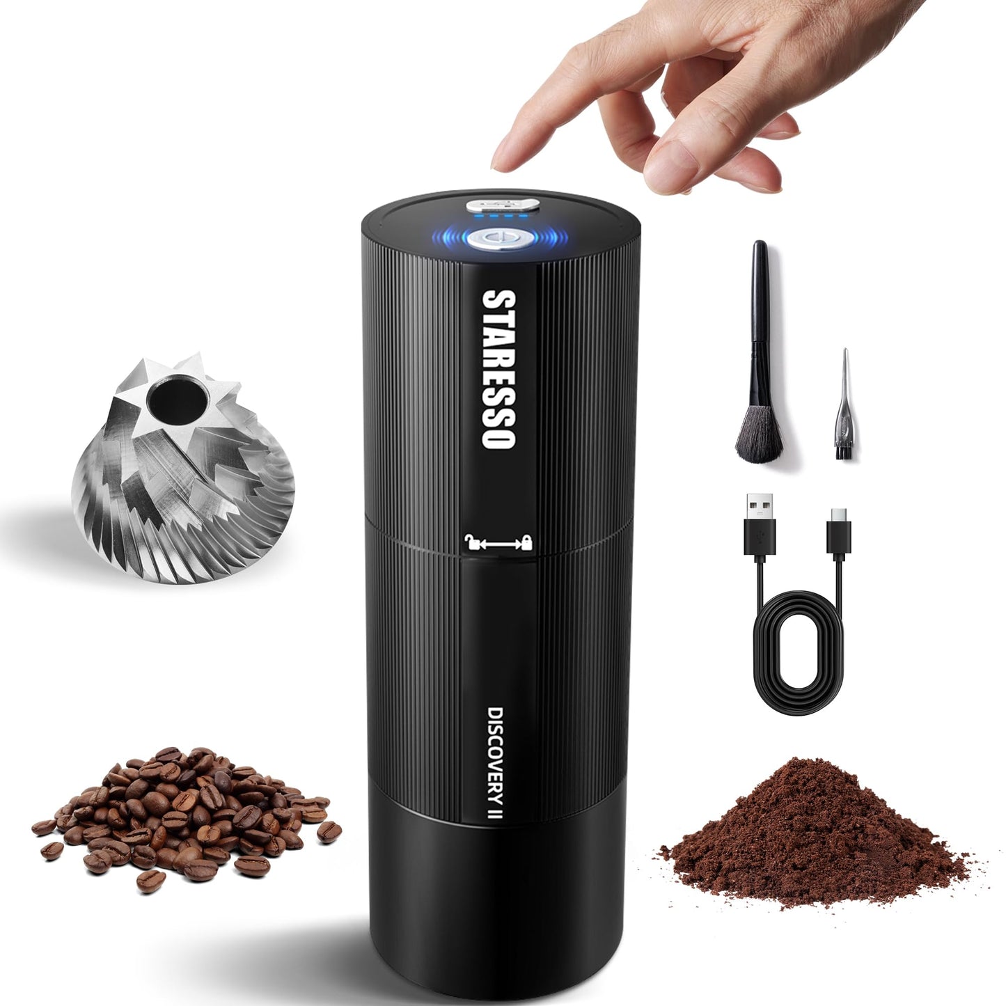 STARESSO Discovery Ⅱ PLUS Portable Electric Coffee Grinder - Low Noise, USB Rechargeable, Adjustable Grind Settings, Easy Cleaning for Espresso, French Press, Pour-Over, Cold Brew