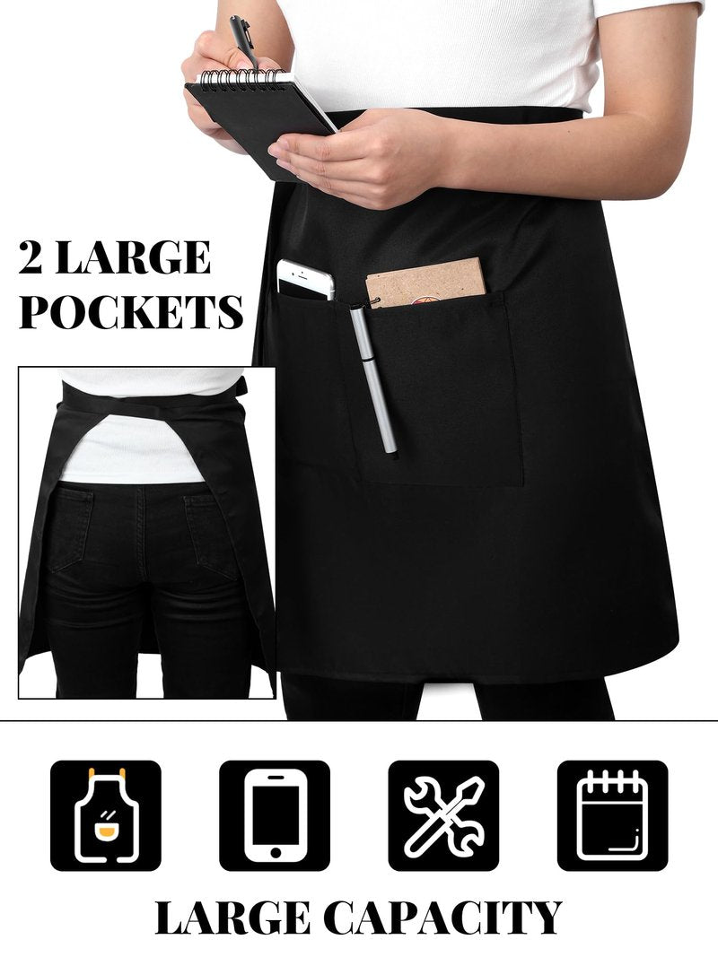 Twistover 5 Pack Half Bistro Aprons with 2 Pockets Unisex Black Server Apron with Extra Long Front Waist Ties for Men Women