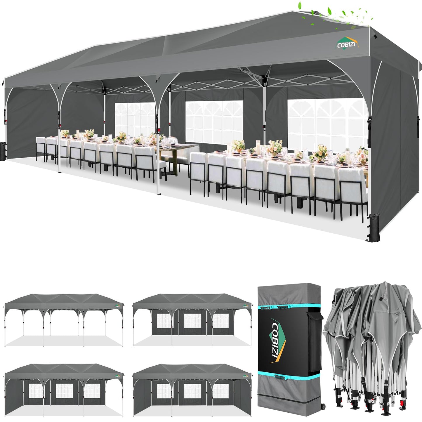 COBIZI 10x30 Party Tent: 10x30 Pop Up Canopy with Wheeled Bag - Tents for Parties with Patented Center-Lock Tech, 420D Waterproof Fabric, Easy Setup Canopy Tent with Removable Sidewalls, (Gray)