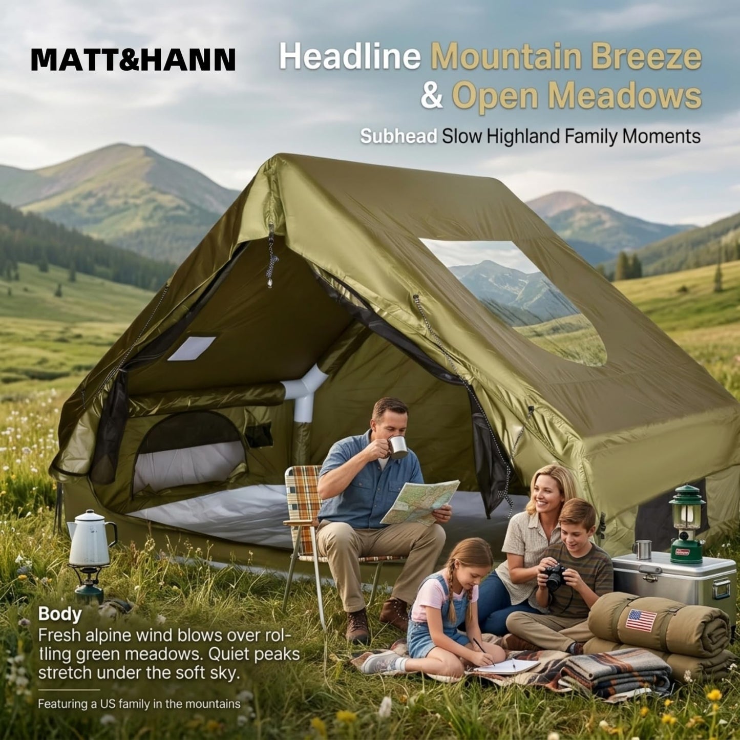 Quick Setup Inflatable Tent with Skylight for 4-6 Person, Waterproof Oxford Air Glamping Tents Breathable Mosquito-Proof Screens (Green 6.3㎡ Inflatable Tent (with Chimney Port), Green)