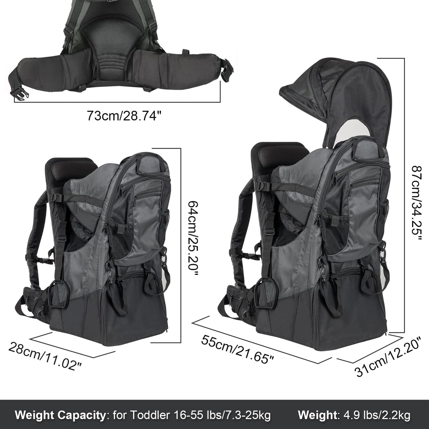 Baby Backpack Carrier, Safe Toddler Hiking Backpack Carrier Camping Child Carriers with Rain Cover Child Kid Sun Shade Large Storage Insulated Pocket, Adjustable Padded Children Seat