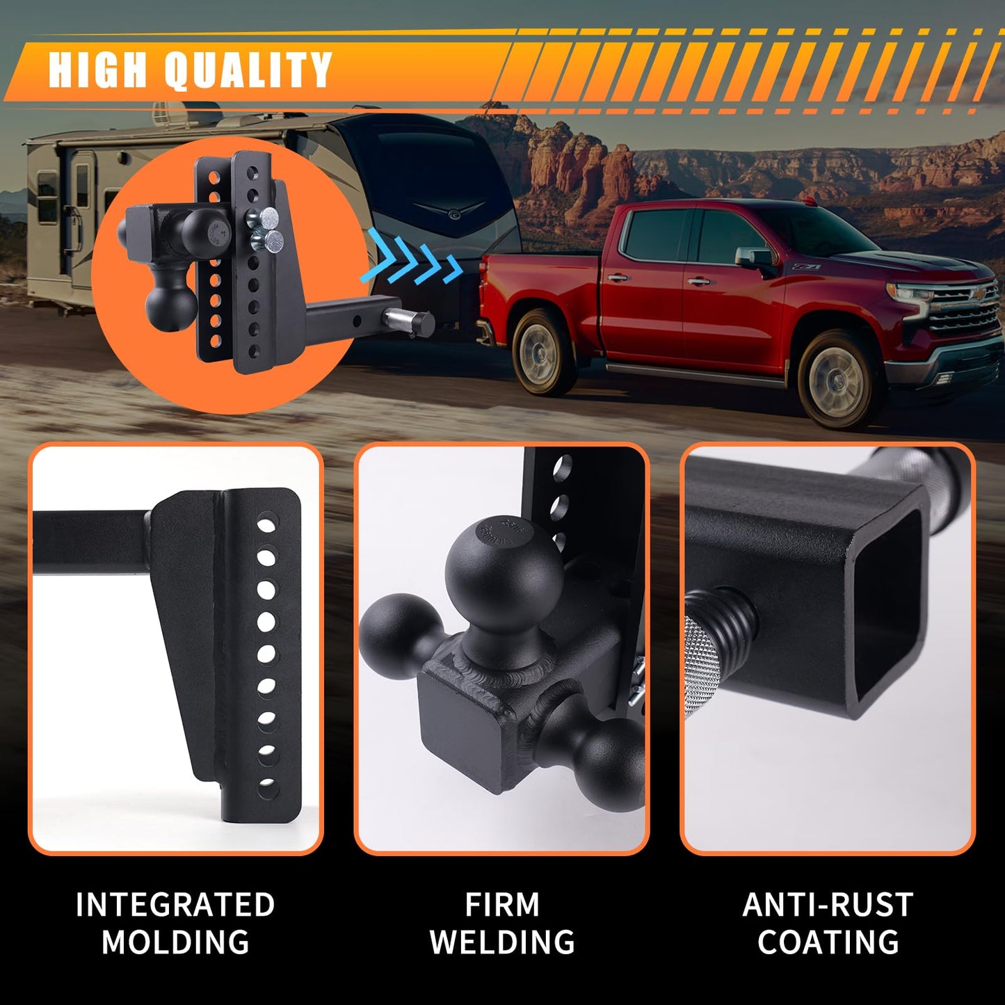 Adjustable Drop Hitch Tri-Ball, 8" Drop/Rise, 18,500 LBS GTW, Fits 2-Inch Receiver, Anti-Theft Locking Pins, Heavy-Duty Trailer Hitch for Trucks