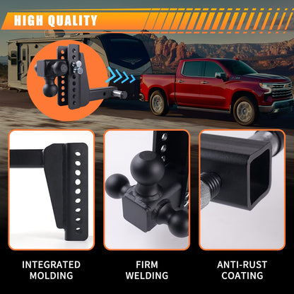 Adjustable Drop Hitch Tri-Ball, 8" Drop/Rise, 18,500 LBS GTW, Fits 2-Inch Receiver, Anti-Theft Locking Pins, Heavy-Duty Trailer Hitch for Trucks