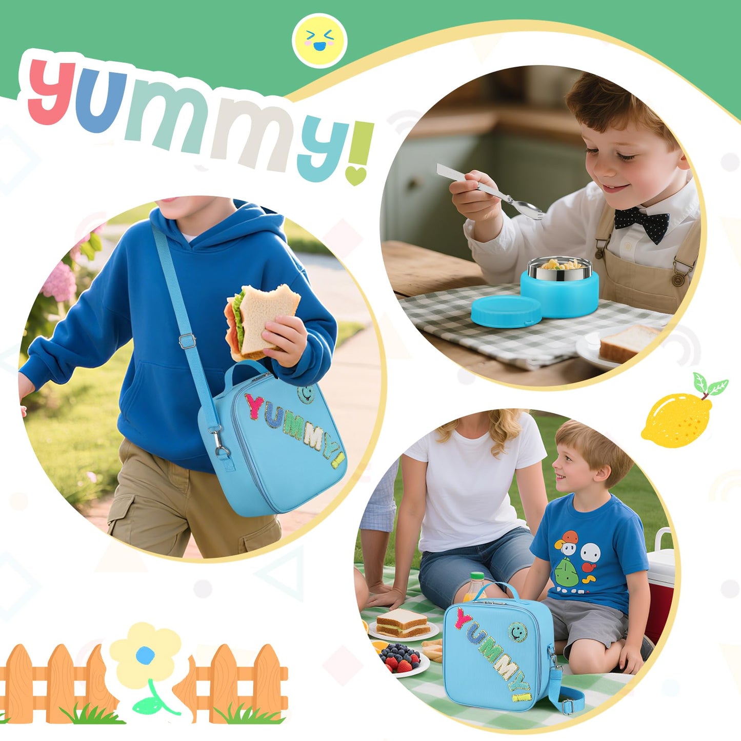 Bento Lunch Box with 10oz Soup Thermo for Kids Insulated Lunch Bag & Foldable Silicone Cup Food Leak Proof Food Container with 5 Compartment for Kid to Shool Travel