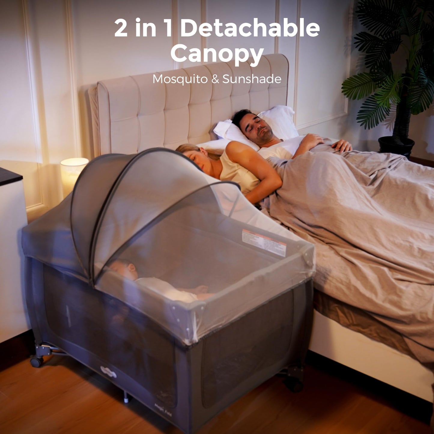 Pamo Babe 7 in 1 Pack and Play with Bassinet, Portable Crib with Mattress, Diaper Changer, Magic Fold™ One-Step Quick Setup Playard, Mosquito Net, Zipper Door, Toy Arch for Newborn to Toddler