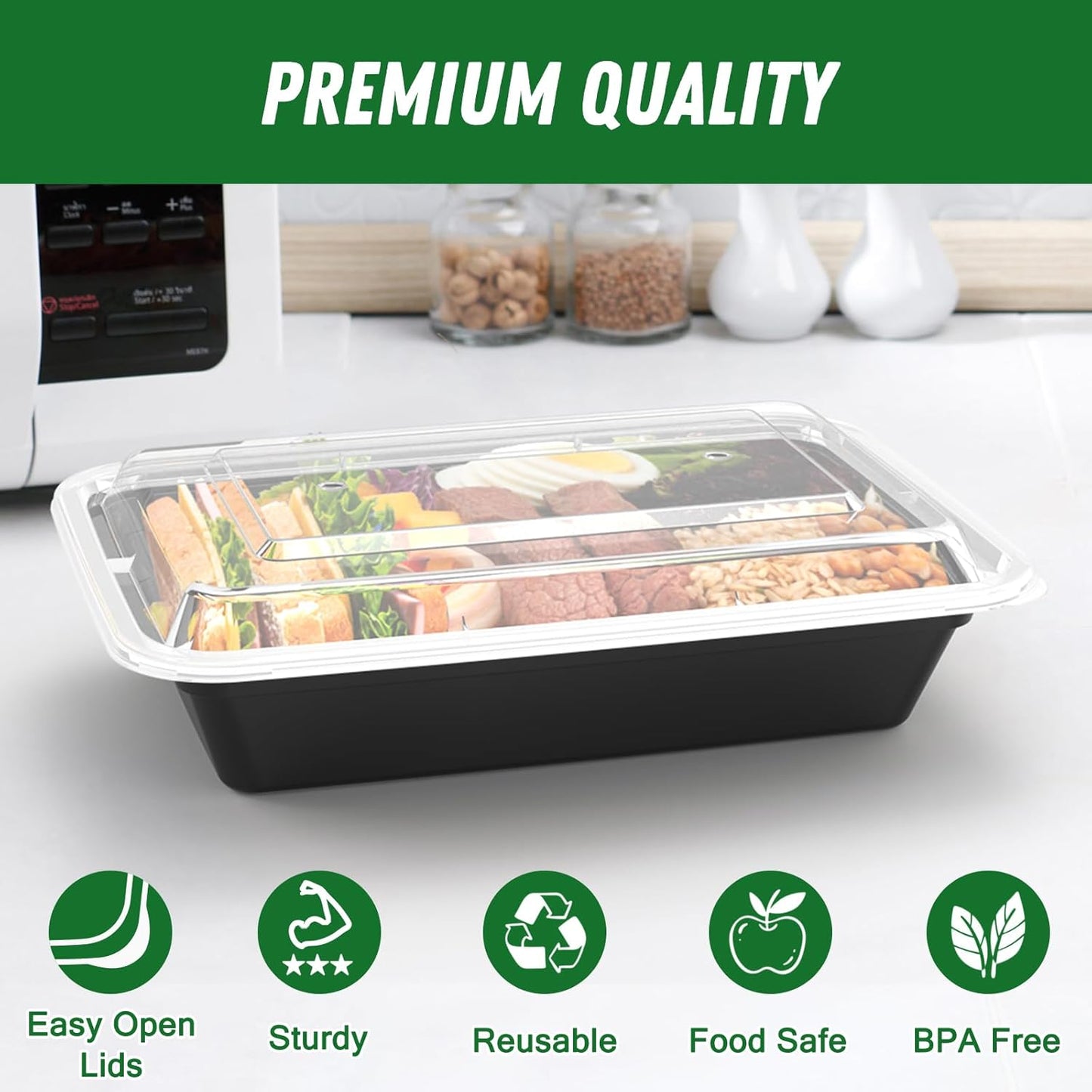 Regine Switzerland 32 oz Meal Prep Containers - 50 Pack, Reusable, Leakproof, Microwave & Dishwasher Safe, Black