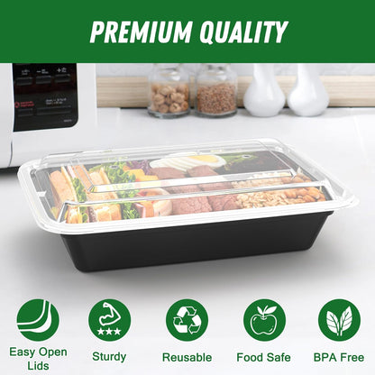Regine Switzerland 32 oz Meal Prep Containers - 50 Pack, Reusable, Leakproof, Microwave & Dishwasher Safe, Black