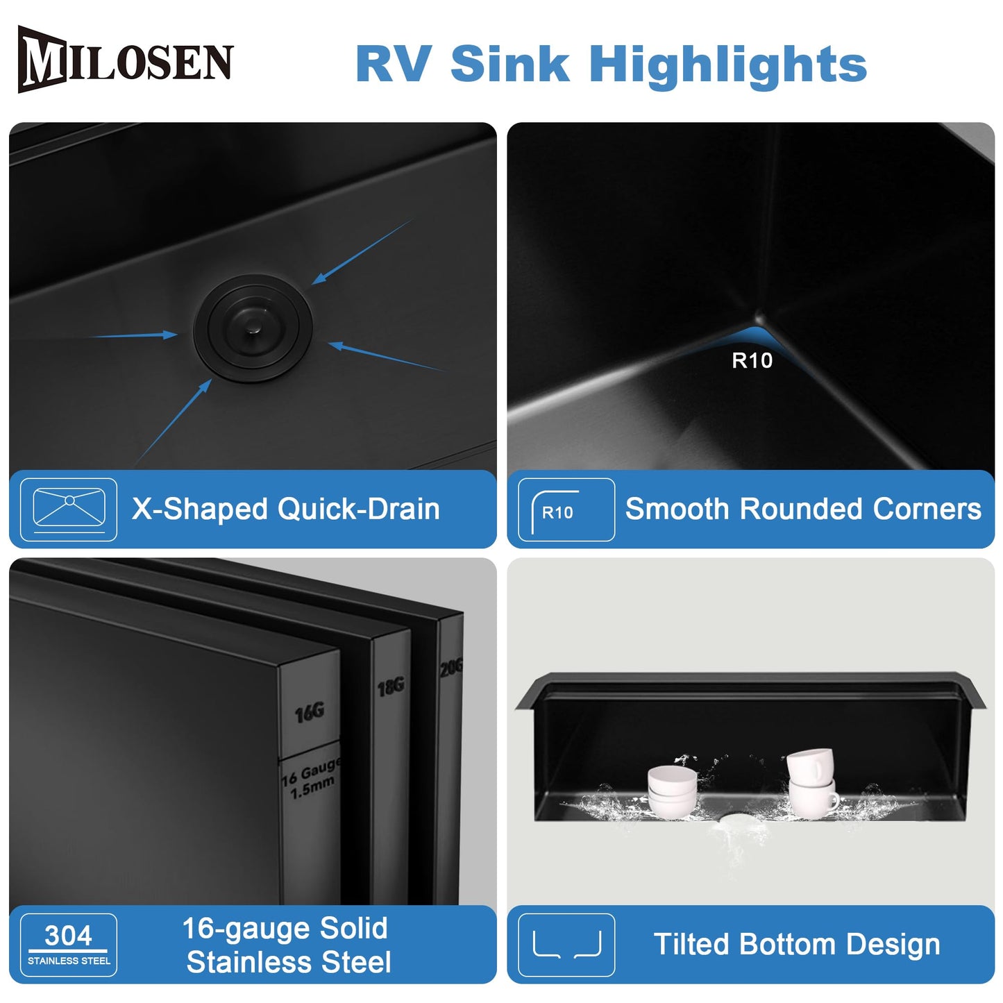 MILOSEN Black RV Kitchen Sink, 25''×15''×7'' 16 Gauge T304 Stainless Steel Drop-in/Undermount Black RV Sink, Single Bowl Sinks for Caravans/Campervans & Site Cabins, 7 inch Depth Outdoor Trailer Sinks