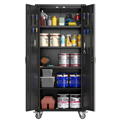 MilleLoom Heavy Duty Rolling Storage Cabinet 72" H – Mobile Locking Metal Cabinet with 4 Adjustable Shelves & Door Pegboard, Ideal for Garage, Workshop, Home Office – Black