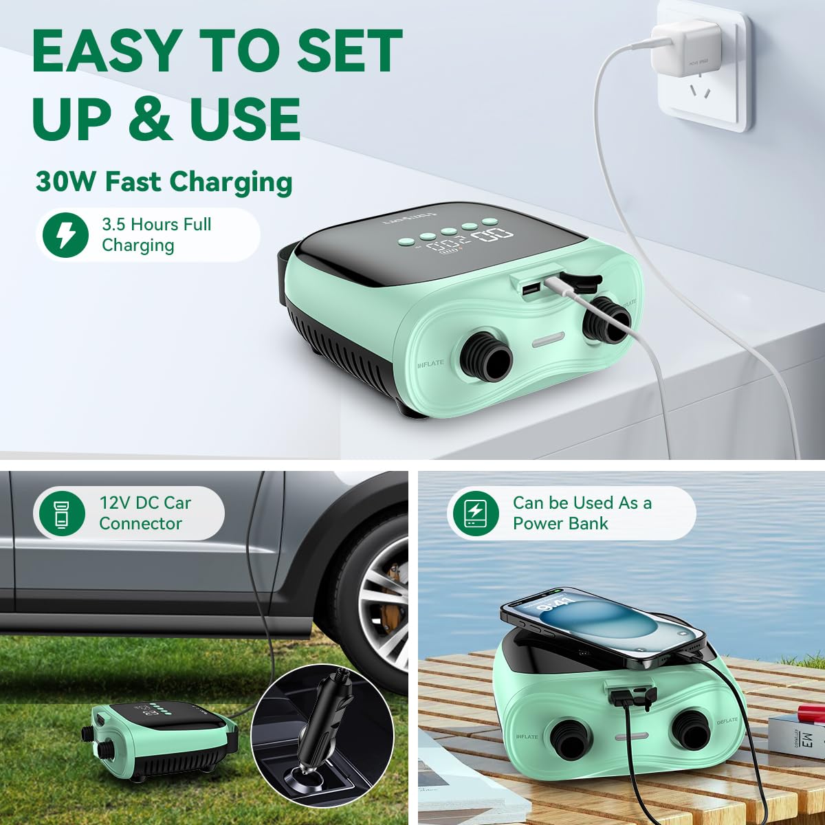 FBSPORT Paddle Board Pump Rechargeable 20PSI SUP Pump, Portable Electric Air Pump Quick Inflate & Deflate SUP Air Pump for Stand Up Paddle Boards, Kayak, Tent (Green)