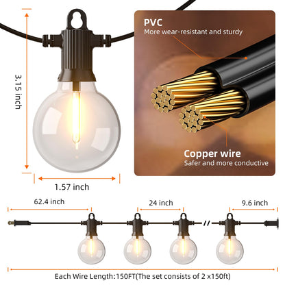 Kawaya 300FT Outdoor String Lights - LED Waterproof Patio Light for Outside with 146+4 G40 Globe Blubs - Shatterproof Hanging Lights for Porch Bistro Backyard Gazebo Balcony Cafe