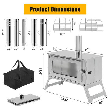 Large Portable Wood Burning Tent Stove, Foldable Stainless Steel Camping Stove with Viewing Glass & 5 Chimney Pipes & 3 Grills for Outdoor Heating, Cooking, Shelter, and Wilderness Survival