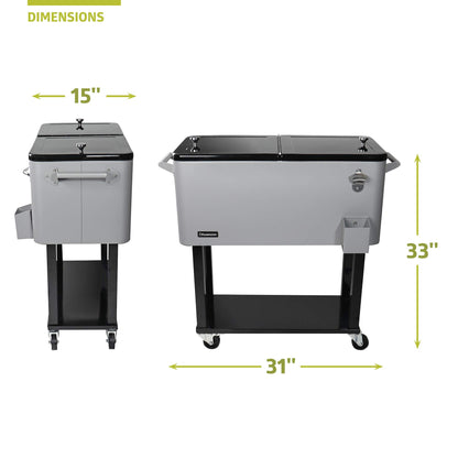 Pearington 80 Quart Rolling Ice Chest, Portable Patio Party Bar Drink Cooler Cart, with Shelf, Beverage Pool with Bottle Opener, Grey