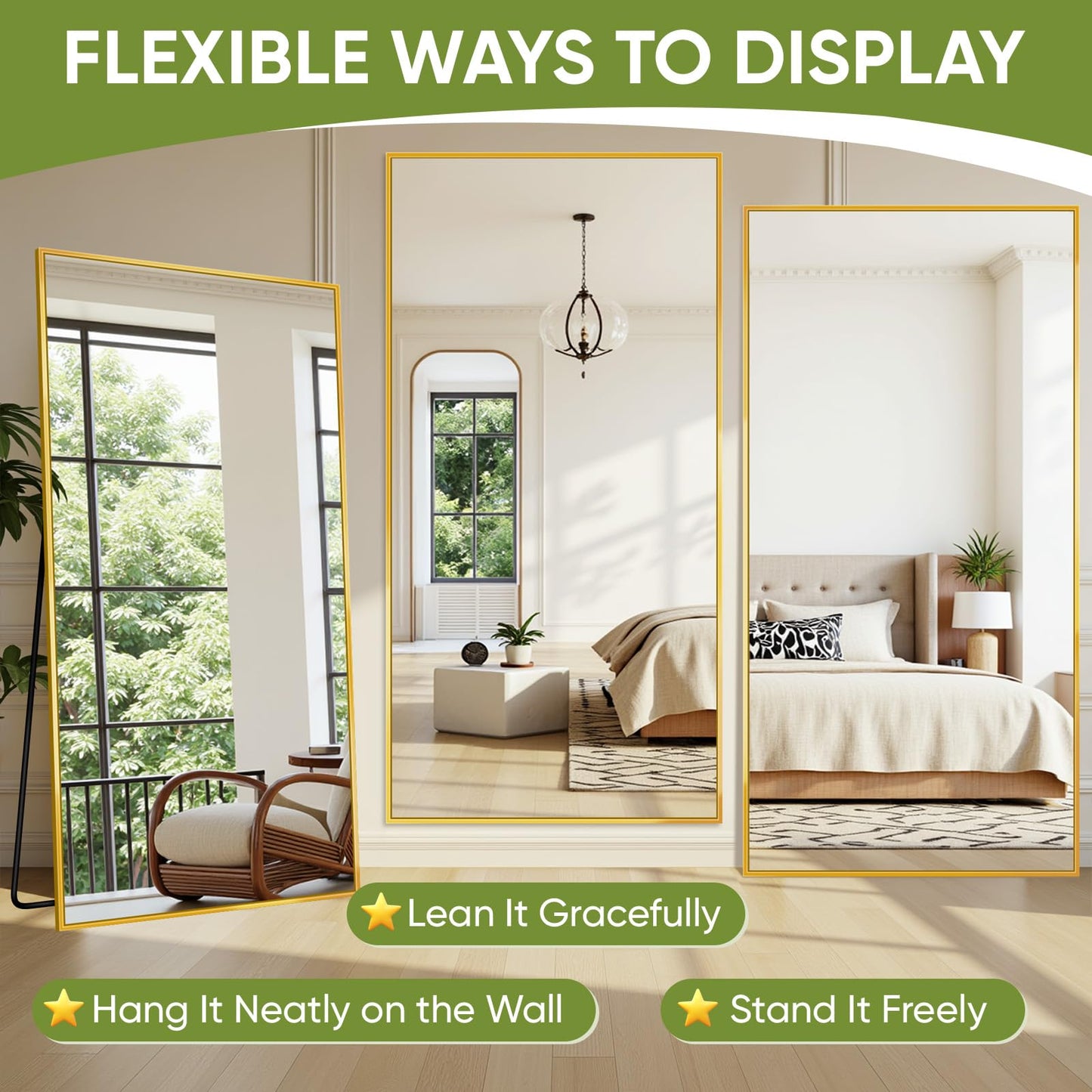 Coomily Full-Length Floor Mirror with Stand, 71"x32" Rectangle Style Full Body Standing Mirror for Bedroom, Living Room, Gym, Dorm - Shatter-Resistant & Easy Assembly, Gold