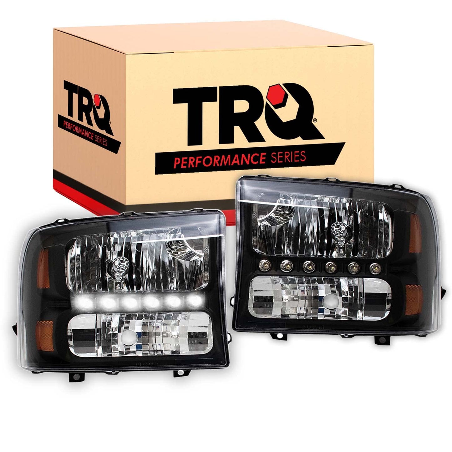 TRQ 2 Piece Headlight Assembly Set Performance LED Daytime Running Lights Black Bezel Driver & Passenger Side Compatible with Ford Excursion 2000-2004 F250 F350 1999-2004 F450 F550 1999-2003