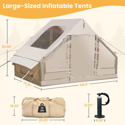 Inflatable Tent for Camping 4-6 Person, Blow Up Glamping Tents with Pump, Quick Setup Cabin Air House with Panoramic Skylight and Front Canopy, Waterproof Oxford Family Outdoor Shelter, Beige
