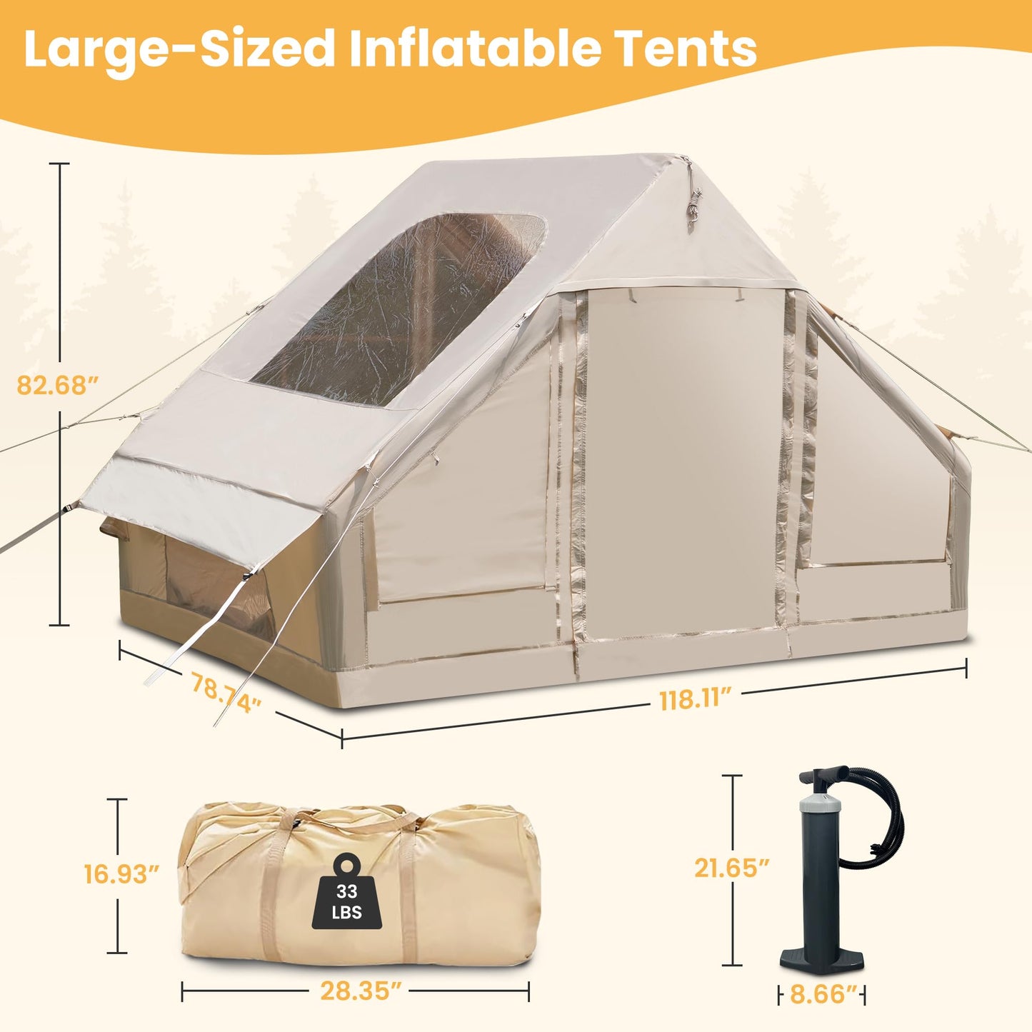 Inflatable Tent for Camping 4-6 Person, Blow Up Glamping Tents with Pump, Quick Setup Cabin Air House with Panoramic Skylight and Front Canopy, Waterproof Oxford Family Outdoor Shelter, Beige