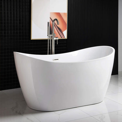 WOODBRIDGE 59"Freestanding White Acylic Soaking Bathtub with Brushed Nickel Drain and Overflow,B0011-BN