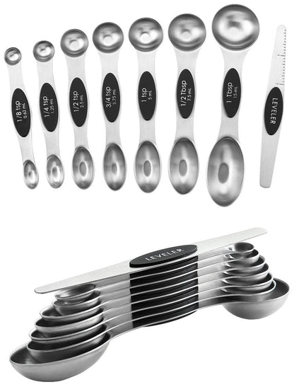 Spring Chef Magnetic Measuring Spoons Set, Dual Sided, Stainless Steel, Fits in Spice Jars, Teal, Set of 8, 2 Pack