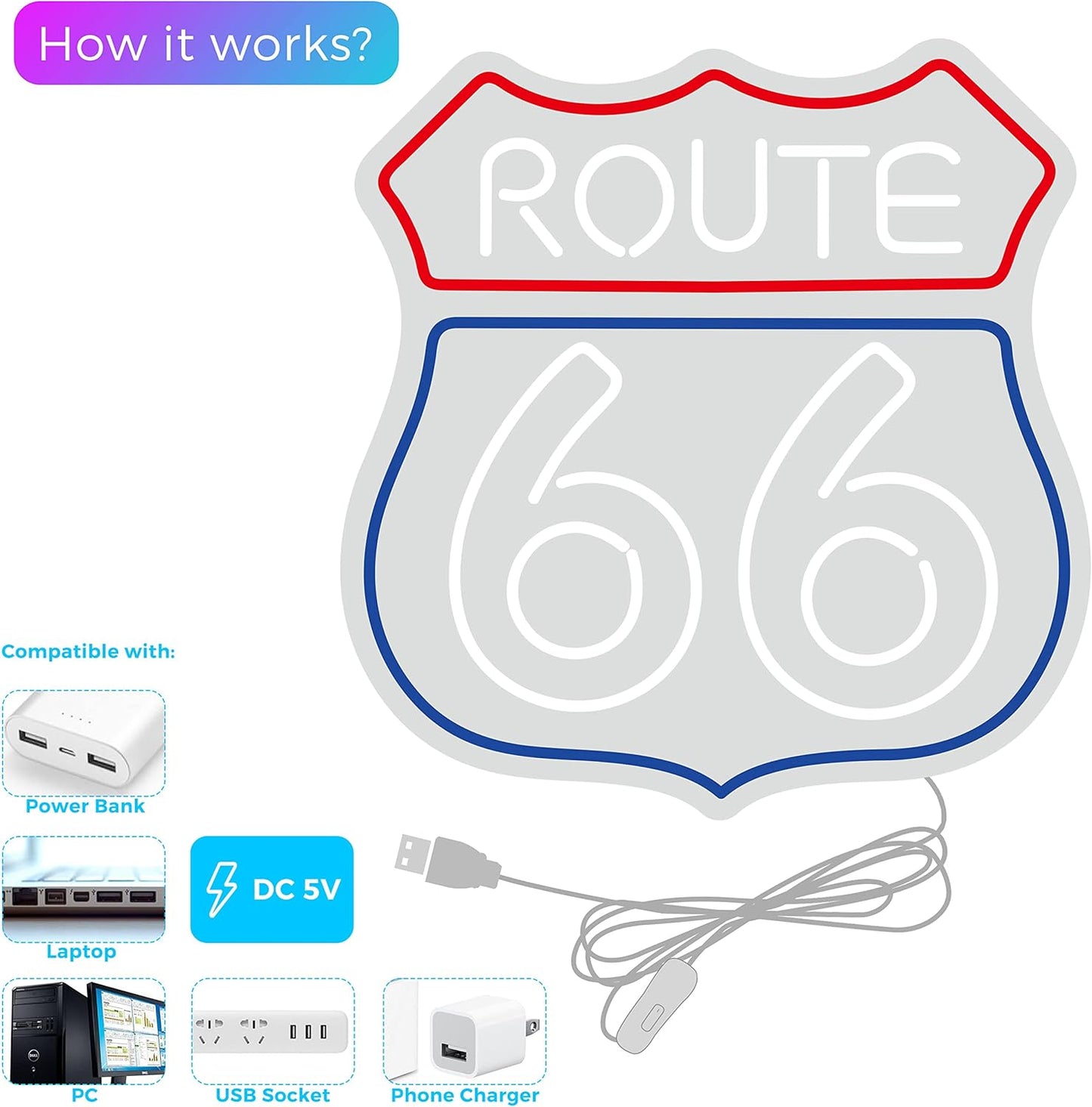 Route 66 Neon Sign Historic US High Way Acrylic LED Sign for Bedroom Wall Decor Blue Neon Light Game Room Wall Sign Party Light Club Neon Accessory