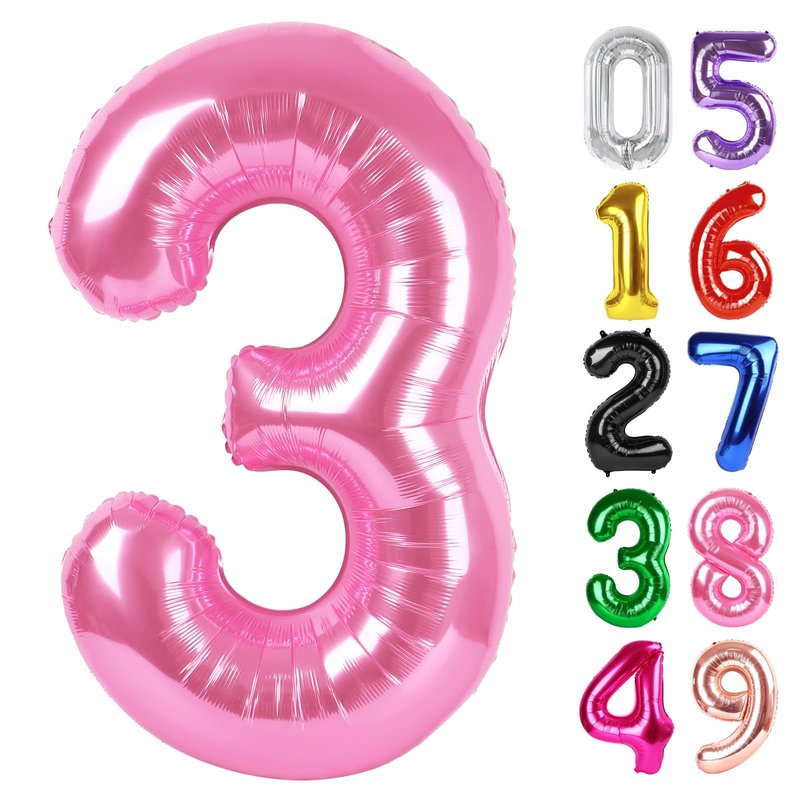 Pink Number 3 Balloon 40 Inch, 3rd Birthday Celebration Supplies for Girls Boys Women Men, 3 Balloon for Girls Boys Theme Party