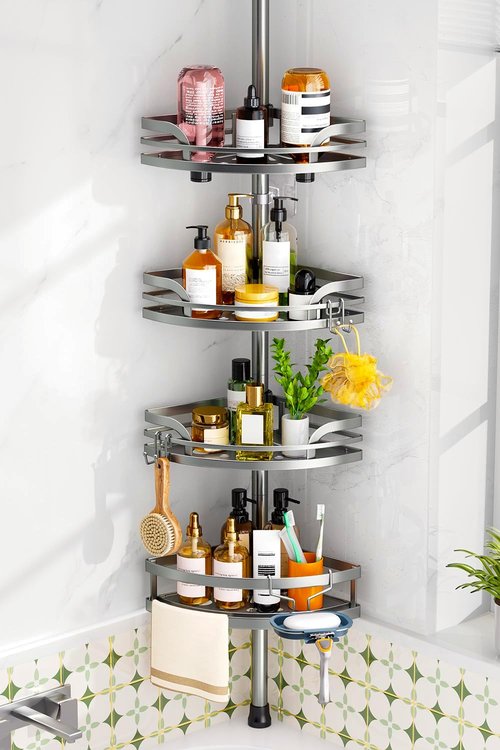 HAMITOR Shower Caddy - 4-Tier Rustproof Bathroom Corner Shelf | Adjustable 47-121 Inches Bathtub Organizer with Soap Holder