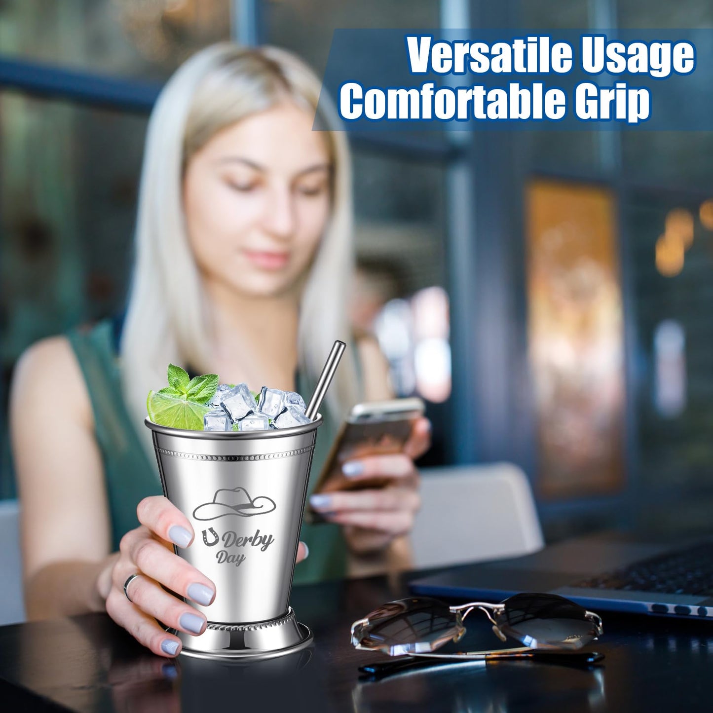 Ziliny 24 Pack Mint Julep Cups with Straws 12 oz Stainless Steel Drinking Cups Metal Cocktail Glasses Beaded Mint Julep for Horse Racing Derby Party Supplies