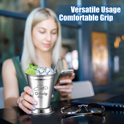 Ziliny 24 Pack Mint Julep Cups with Straws 12 oz Stainless Steel Drinking Cups Metal Cocktail Glasses Beaded Mint Julep for Horse Racing Derby Party Supplies