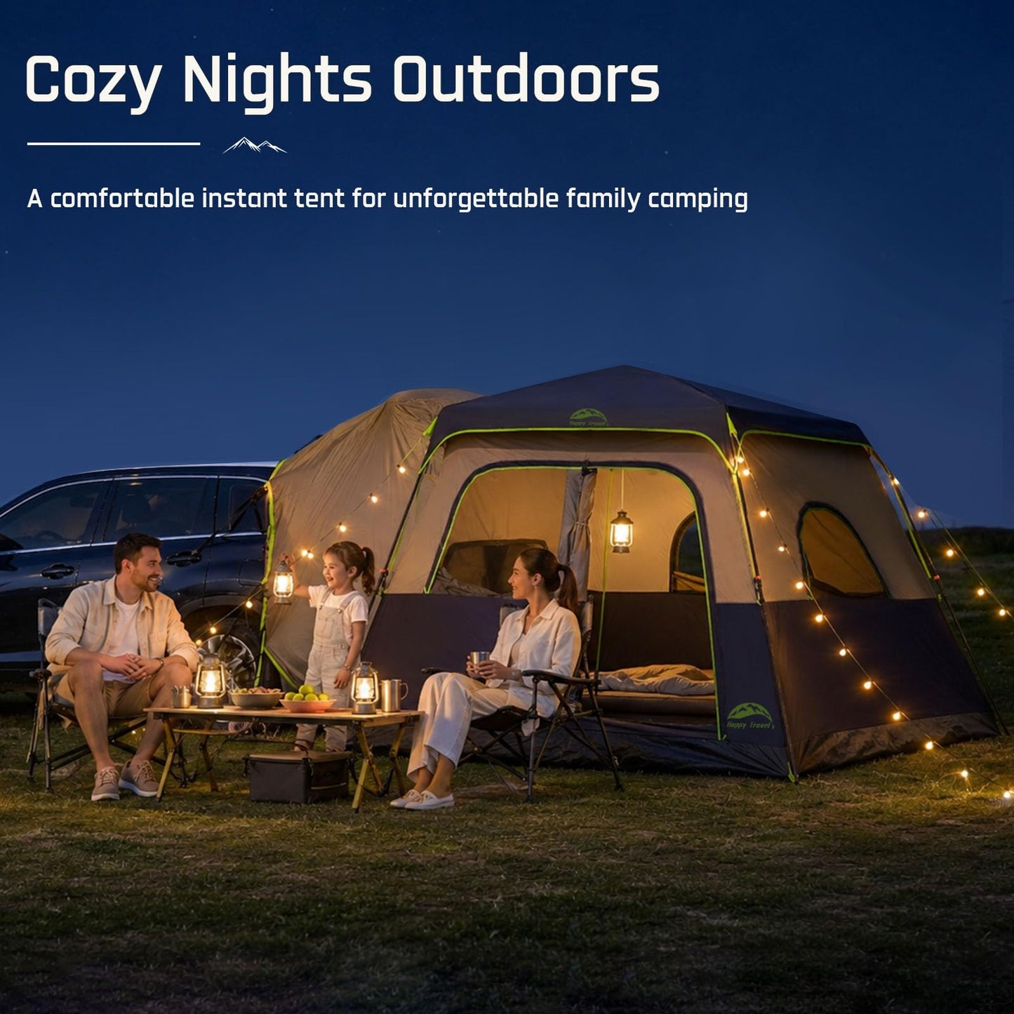 Happy Travel SUV Tents for Camping, 6 Person Instant Tent with 60 Seconds Easy Setup, Waterproof Car Tailgate Cabin Tent with Rainfly for Family Camping, Expandable Carry Bag,10' W X 10' L X 7.1' H