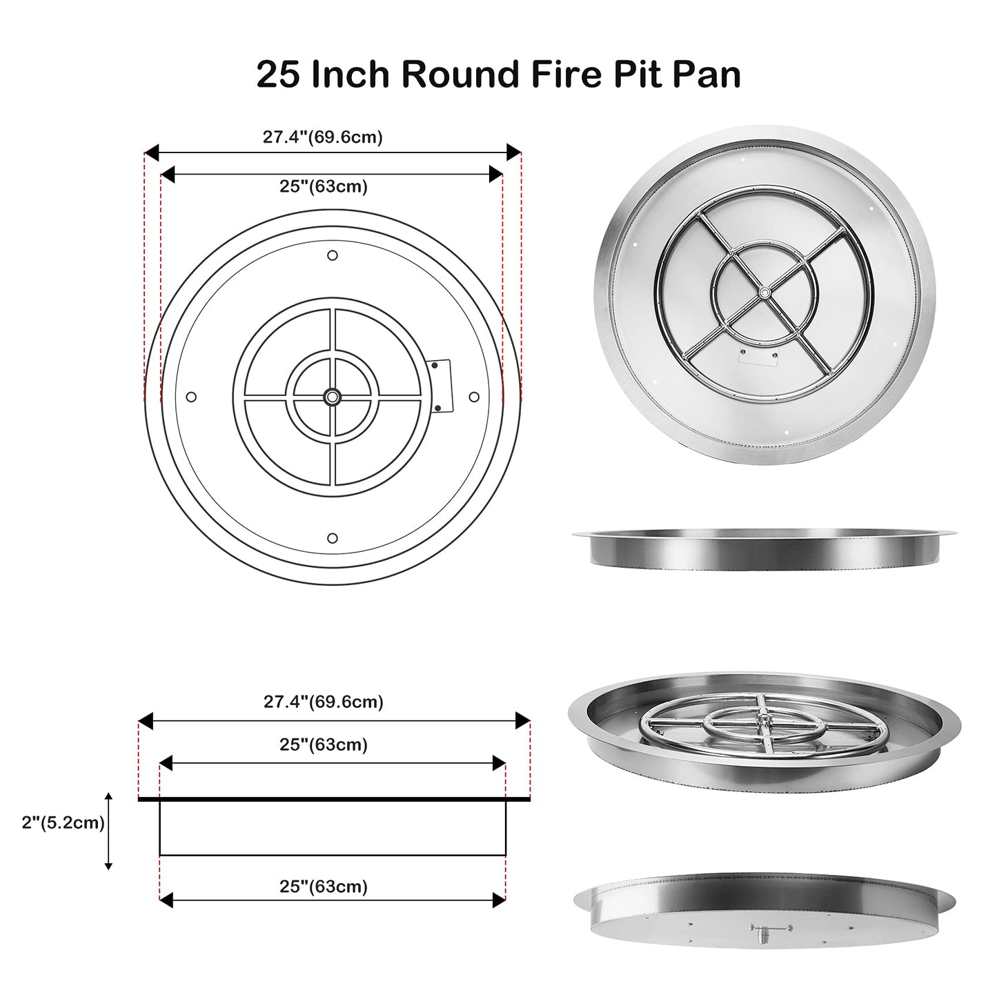 Stanbroil 25 Inch Drop-in Round Natural Gas Fire Pit Kit with Spark Ignition,304 Stainless Steel Fire Pit Burner for Outdoor DIY Firepit - Natural Gas Version