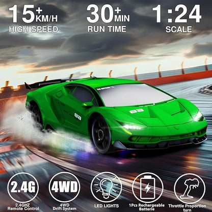 RC Drift Car 1:24 Remote Control Car 4WD 15KM/H High Speed Racing Sport Car with LED Lights RC Cars Toy for Kids Boys Girls Adults Gifts Birthday Christmas Rechargeable Batteries