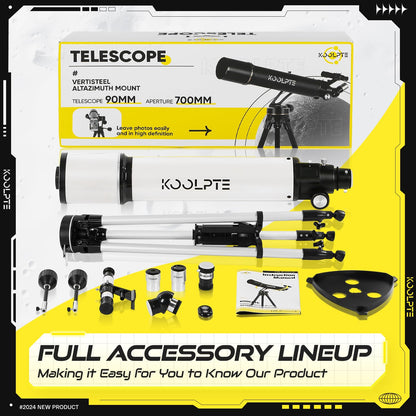 Telescope,90mm Aperture 700mm with Vertisteel AZ Mounting Slow-Motion Mount, High Power Telescopes for Adults Astronomy, Easy for Beginners, with Carry Bag,Wireless Remote Control, Phone Adapter,White