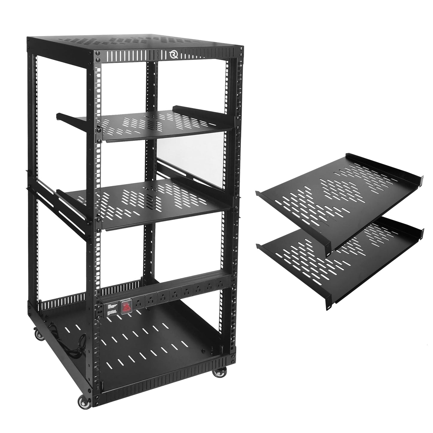 RIVECO 22U Network Rack with Top & Bottom Vented Plates 4 Rolling Wheels Floor Standing Rack for 19" Equipment & Stereo Gear Including 2PCS Rack Shelves & Rail Mount PDU &16" Depth Rack Shelves 2PCS