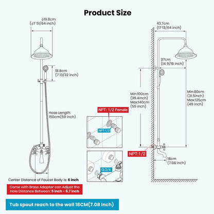 gotonovo Bathroom Exposed Shower Faucet Outdoor Shower System 8 Inch Rainfall Shower Head Set with Tub Spout and Handheld Spray Double Cross Handles Wall Mount without Shower Shelf Polished Gold