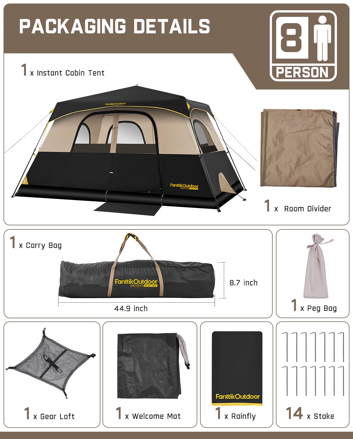 FanttikOutdoor Zeta C8 Pro Camping Tent 8 Person Instant Cabin Tent Setup in 60 Seconds with Rainfly & Windproof Portable with Carry Bag for Family Camping & Hiking, Khaki