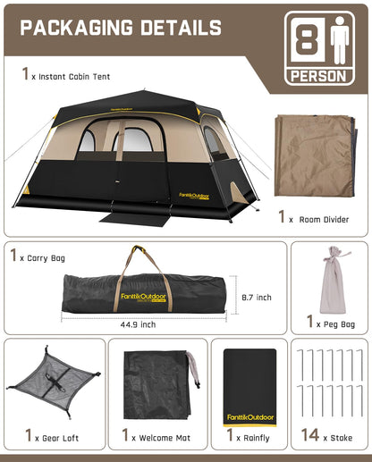 FanttikOutdoor Zeta C8 Pro Camping Tent 8 Person Instant Cabin Tent Setup in 60 Seconds with Rainfly & Windproof Portable with Carry Bag for Family Camping & Hiking, Khaki