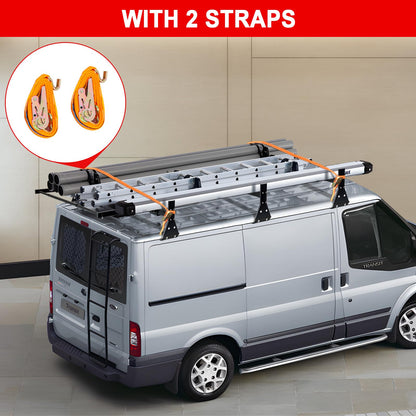 LMYYGOO Universal Van Ladder Rack with Rear Roller, Adjustable 57"-65" with Ladder Stoppers for Chevy Express 1500 2500 3500 Ford Econoline GMC Savana Full-Size, Fits Rain Gutter Vans, 800LB Capacity