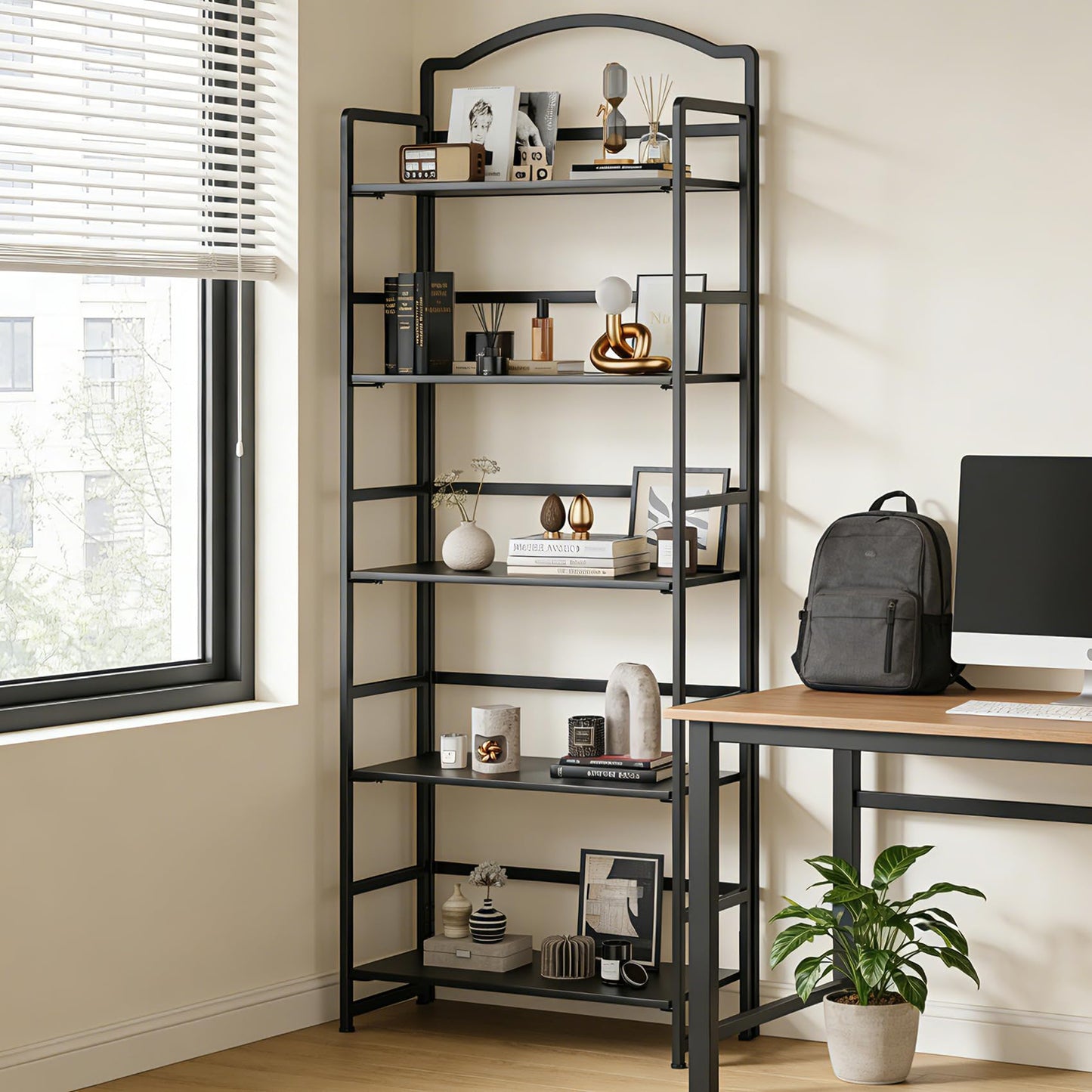 JSB 5 Tier No Assembly Folding Bookshelf, Arched Bookshelf, Foldable Bookcase for Living Room, Bedroom, Office,Skinny Bookshelf (Black)
