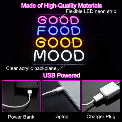 Horseneon Good Food Good Mood Neon LED Sign, Food Neon Signs for Wall Decor, Good Food Good Mood Neon Light with USB Powered for Snack Shop, Restaurant, Fast Food